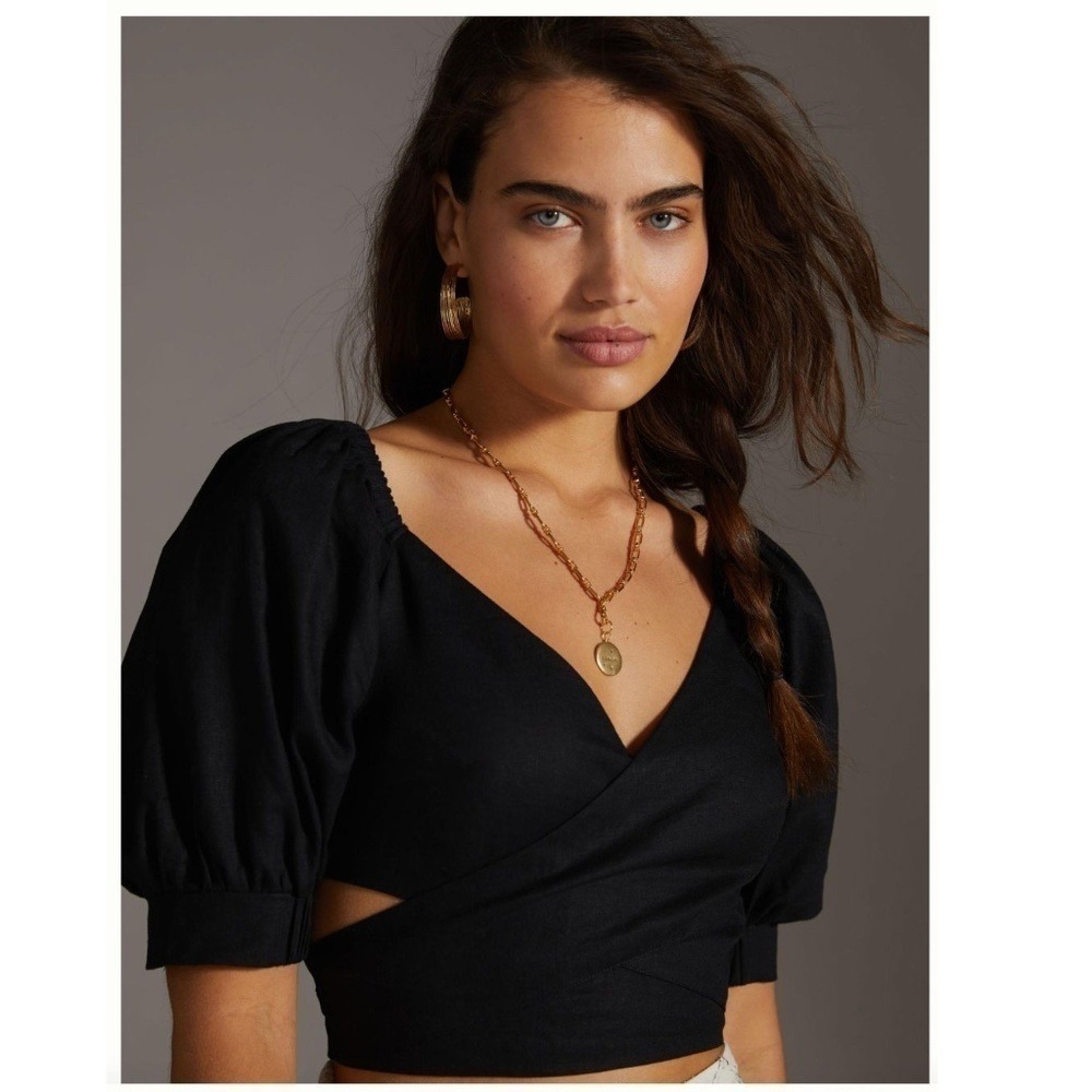 NWT Anthropologie‎ Black Crop Top Puff Sleeve Blouse Criss Cross Open Back Party - Picture 14 of 14